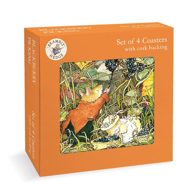 Box of Brambly Hedge coasters with illustration of a mouse and cat among blackberries.