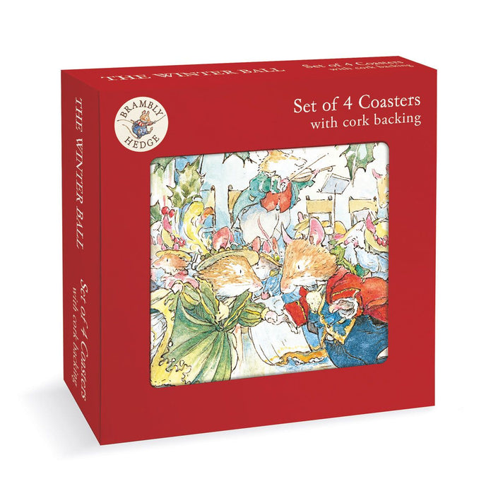 A red boxed set of four children's coasters with cork backing, featuring a window showing a colorful winter fair illustration. The box reads 'The Winter Fair' and 'Set of 4 Coasters with cork backing.