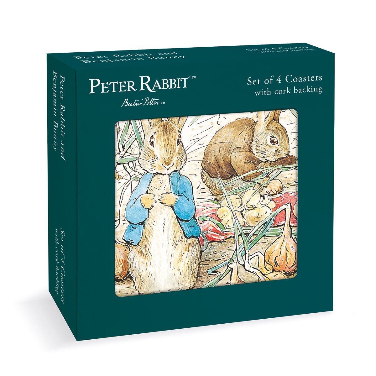 Peter Rabbit set of 4 coasters with cork backing, shown in a dark teal box featuring classic Peter Rabbit illustrations on the front.