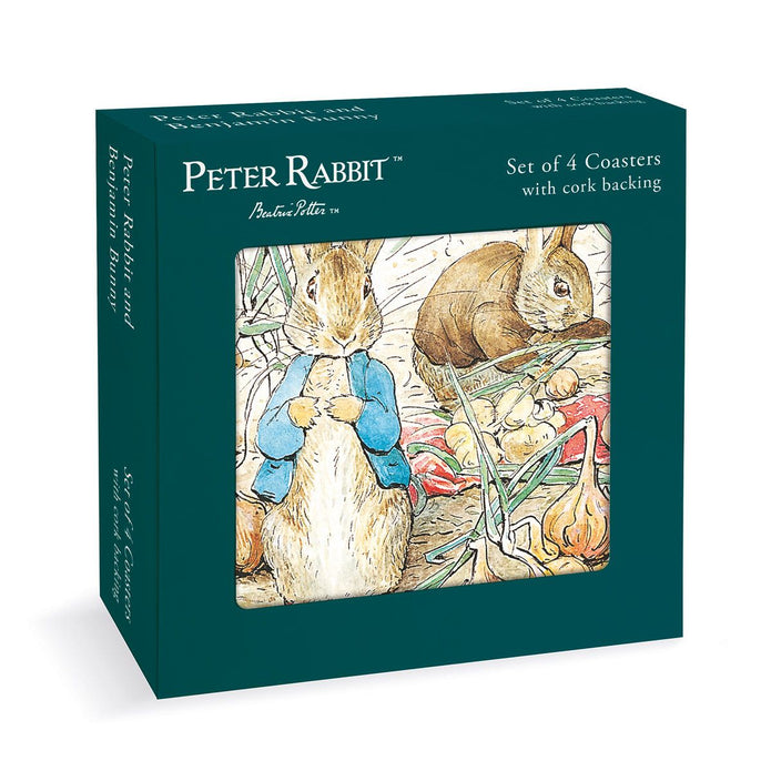 Peter Rabbit set of 4 coasters with cork backing, shown in a dark teal box featuring classic Peter Rabbit illustrations on the front.