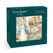Peter Rabbit set of 4 coasters with cork backing, shown in a dark teal box featuring classic Peter Rabbit illustrations on the front.