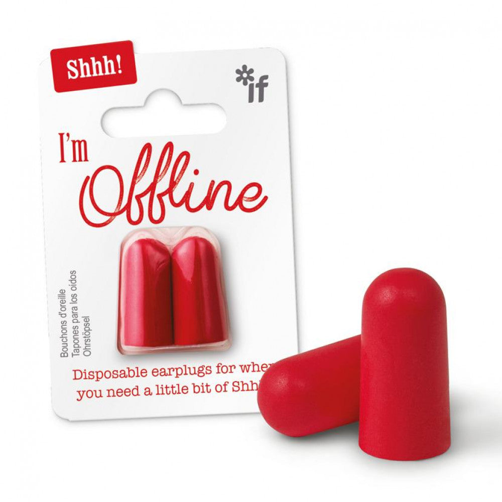 Red earplugs with packaging labeled 'I'm Offline' on a white background