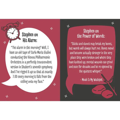 Two text boxes with speech bubbles on a red and black background, featuring quotes and a clock icon.