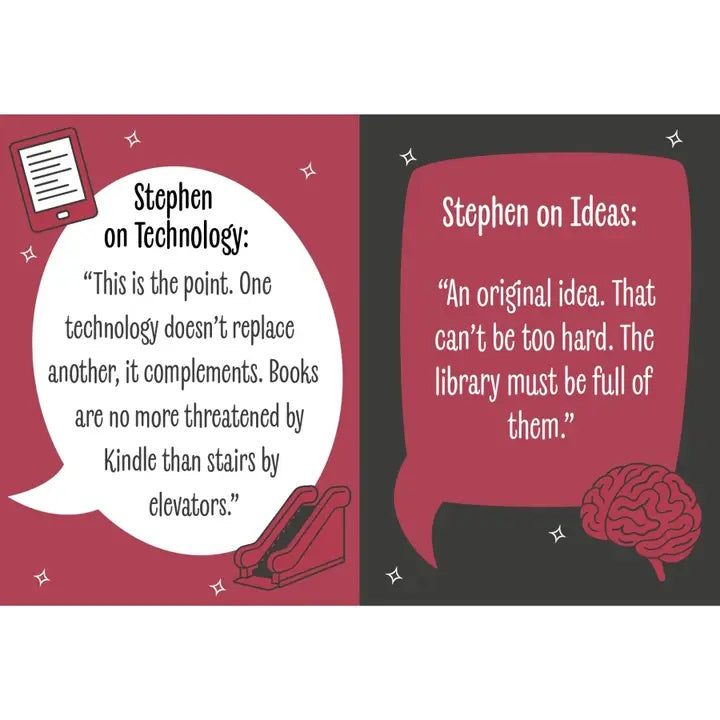 Two speech bubbles with quotes by Stephen on technology and ideas, featuring a brain icon and bookshelf.