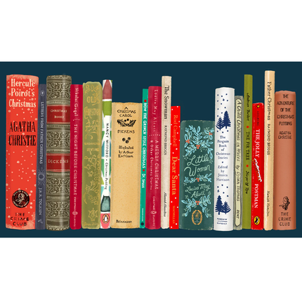 Row of books with various designs on a blue background