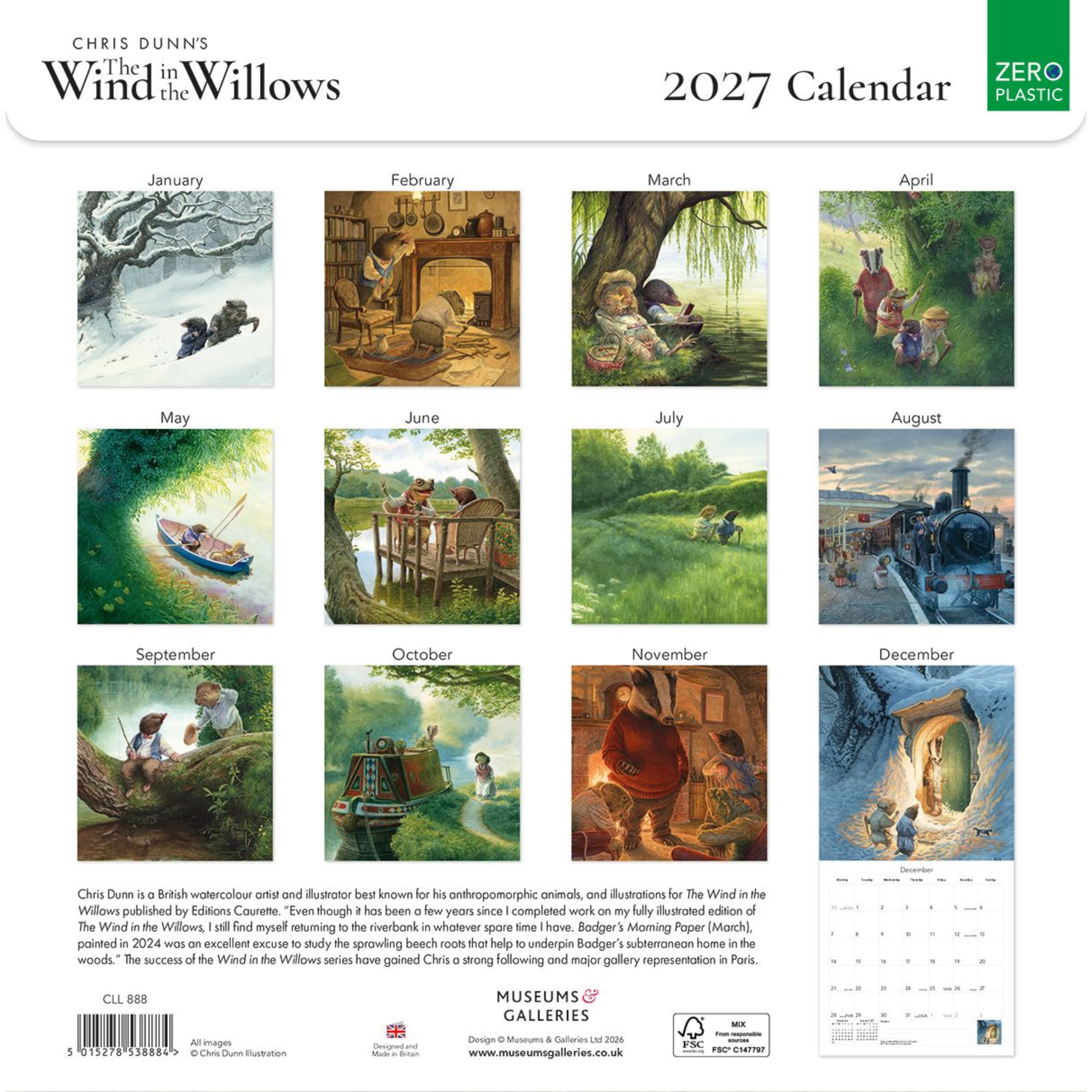 Back cover of the Chris Dunne 'Wind in the Willows' 2027 calendar, showing a 3x3 grid of illustrated monthly scenes with the month names below each panel. The cover includes a green 'Zero Plastic' badge, product title text, barcode, and museum/gallery details on a white background.