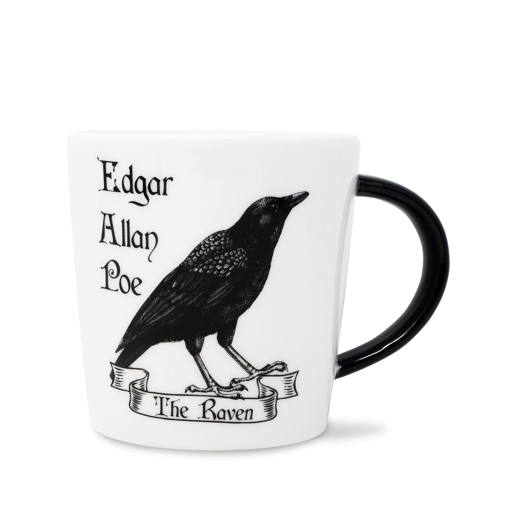 A white ceramic mug with a black handle, featuring a black illustration of a raven and the text 'Edgar Allan Poe' and 'The Raven' printed on the side.