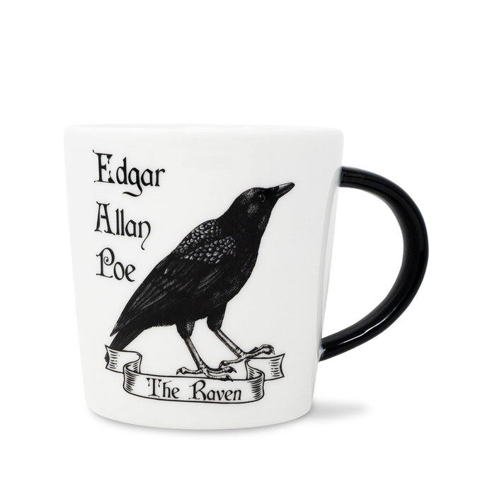 A white ceramic mug with a black handle, featuring a black illustration of a raven and the text 'Edgar Allan Poe' and 'The Raven' printed on the side.