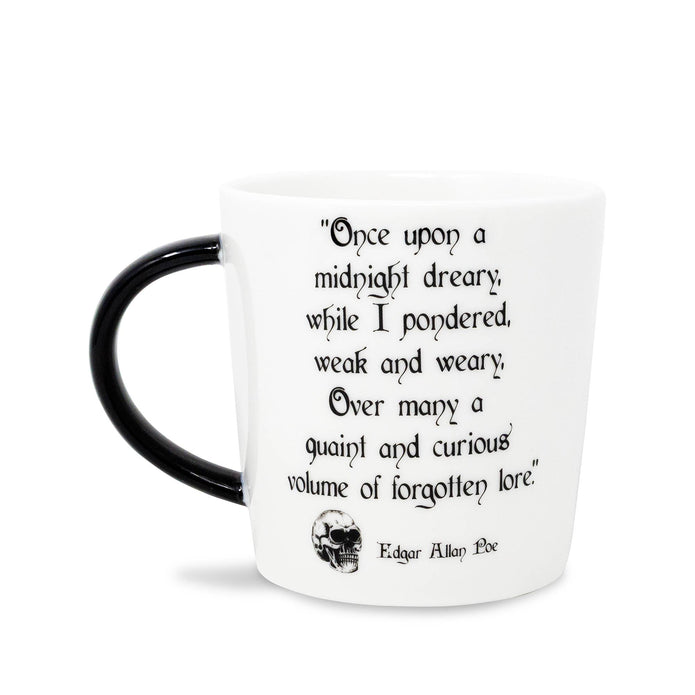 A white ceramic mug with a black handle and black printed text featuring a Edgar Allan Poe quote and skull illustration, shown on a white background.