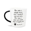 A white ceramic mug with a black handle and black printed text featuring a Edgar Allan Poe quote and skull illustration, shown on a white background.