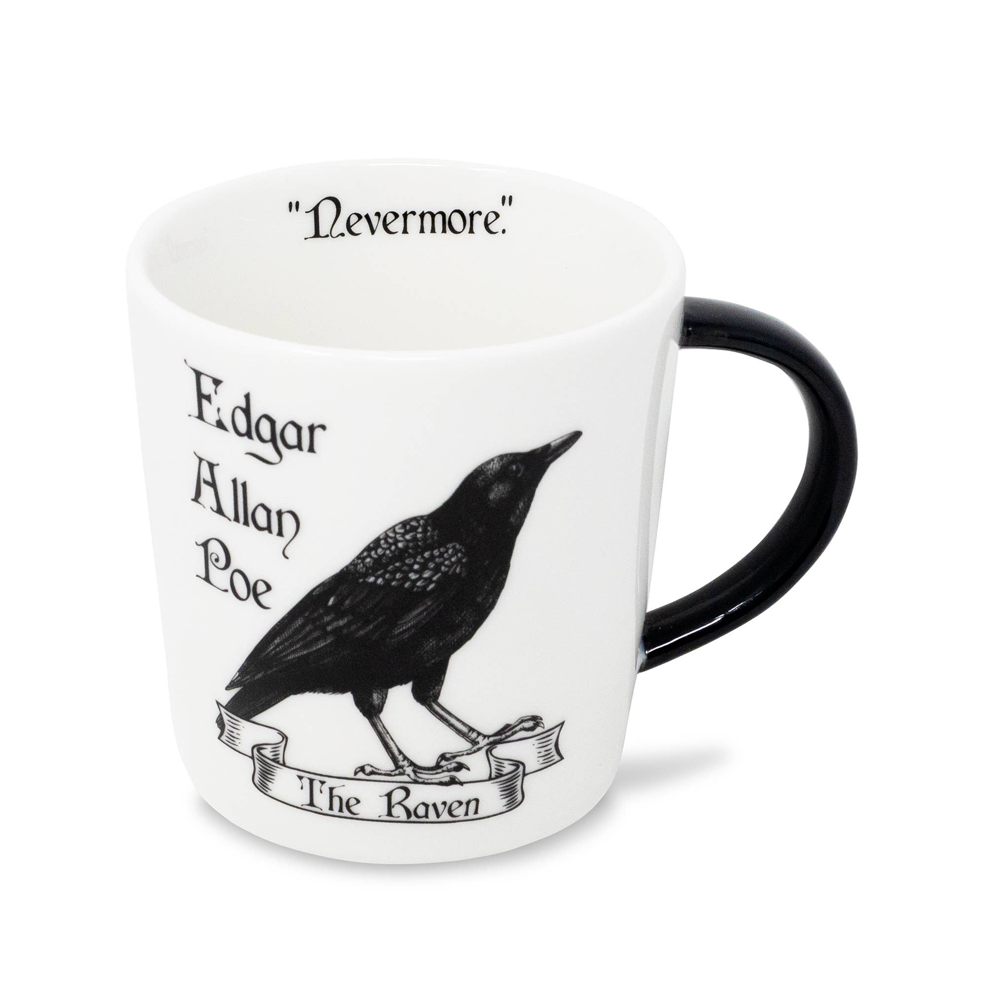 A white ceramic mug with a black handle, featuring a black illustration of a raven and the text 'Nevermore', 'Edgar Allan Poe', and 'The Raven' printed on it, set against a plain white background.