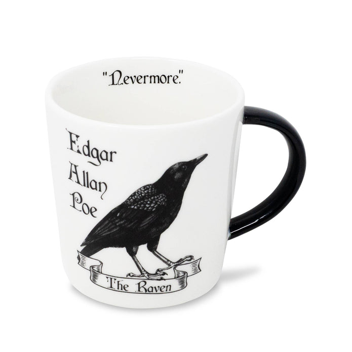 A white ceramic mug with a black handle, featuring a black illustration of a raven and the text 'Nevermore', 'Edgar Allan Poe', and 'The Raven' printed on it, set against a plain white background.