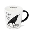 A white ceramic mug with a black handle, featuring a black illustration of a raven and the text 'Nevermore', 'Edgar Allan Poe', and 'The Raven' printed on it, set against a plain white background.