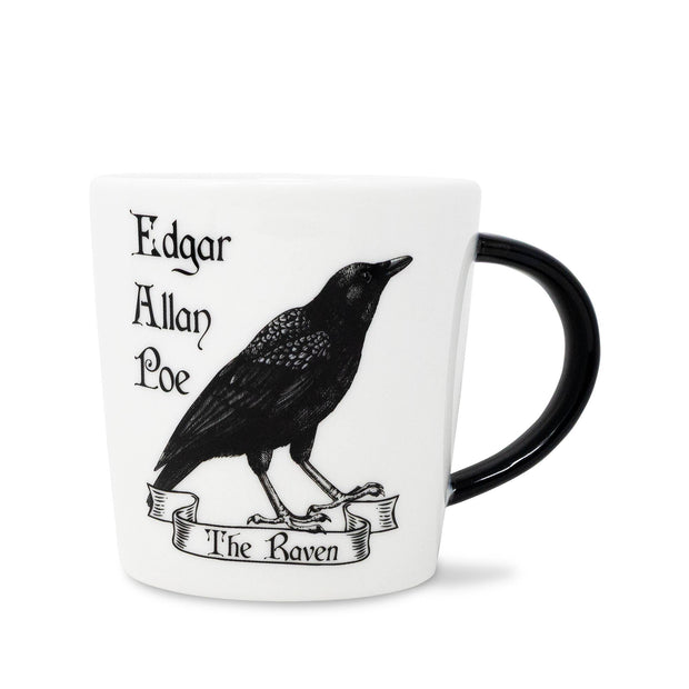 A white ceramic mug with a black handle, featuring a black illustration of a raven and the text 'Edgar Allan Poe' and 'The Raven' printed on the side.