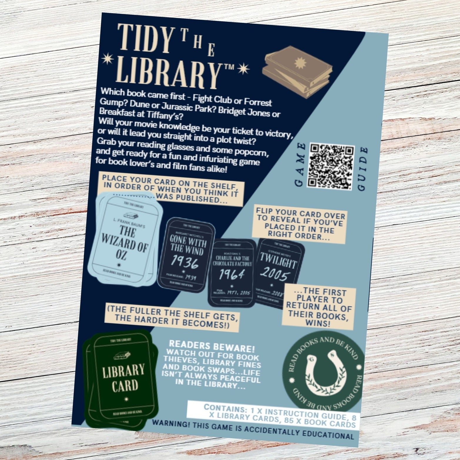 Game guide for 'Tidy the Library' on a wooden surface