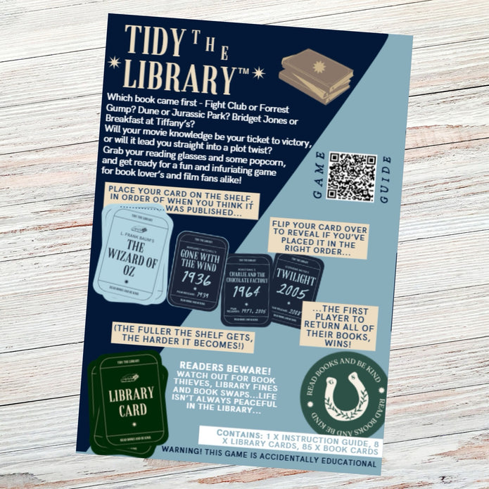 Game guide for 'Tidy the Library' on a wooden surface