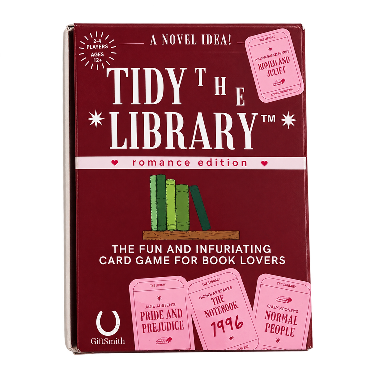Tidy the Library: Romance Edition card game box by GiftSmith, featuring a deep burgundy cover with white title text, pink romance ticket graphics, and an illustration of green and tan books.