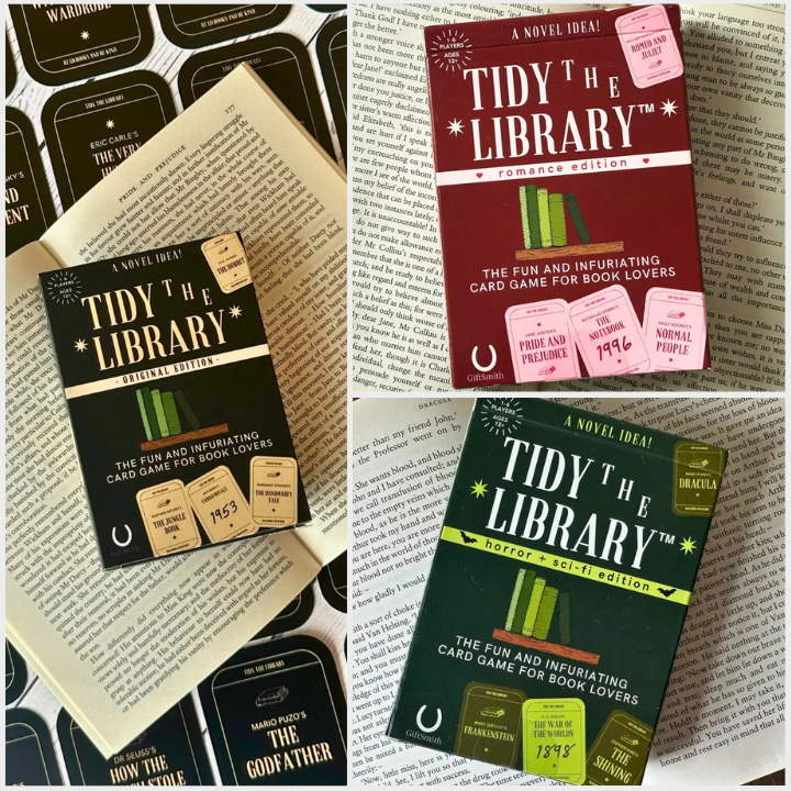 Collage of 'Tidy the Library' card game packaging on a book page background.