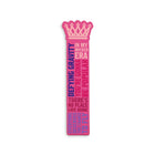Pink bookmark with text and a crown design on a white background