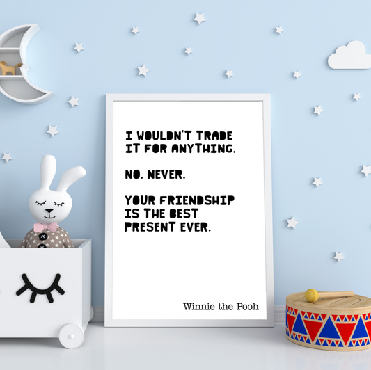 Children's room with a guitar, plush toy, and framed Winnie the Pooh quote on a light blue wall.