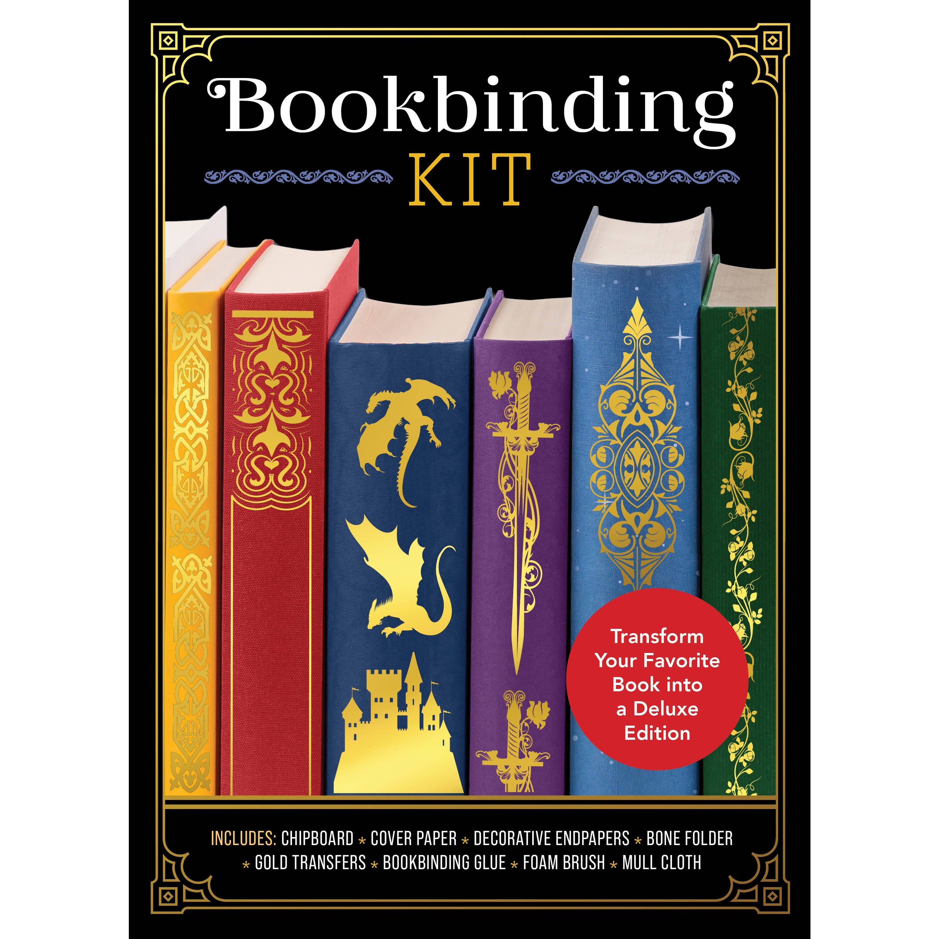 Bookbinding kit packaging with colorful books and decorative elements on a black background