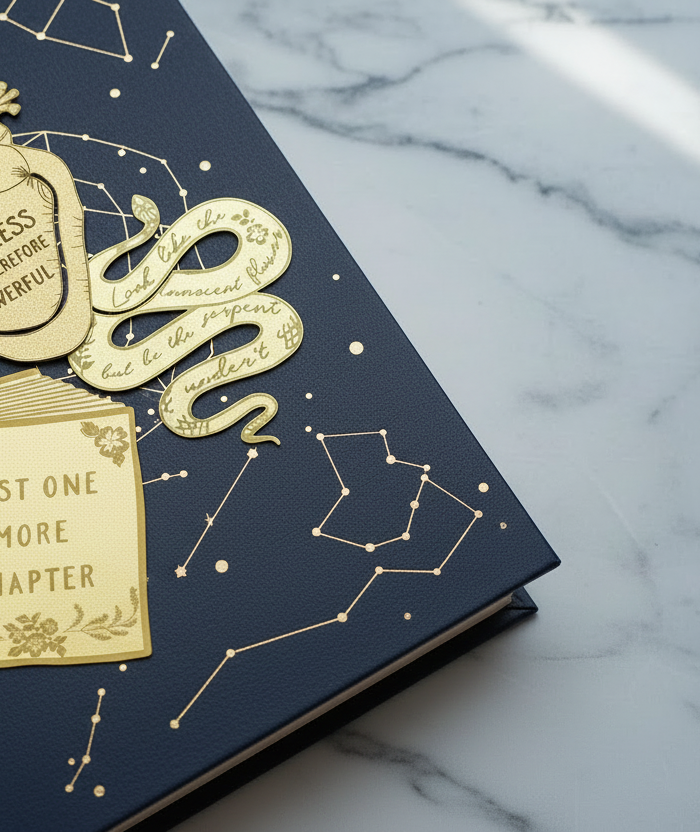 Brass bookmarks on closed book