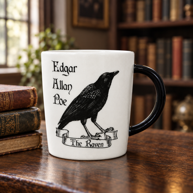 Poe mug in a softly lit literary reading nook