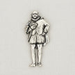 A pewter metal pin depicting a William Shakespeare in a ruff collar and knee-length tunic, shown on al ight textured fabric background.