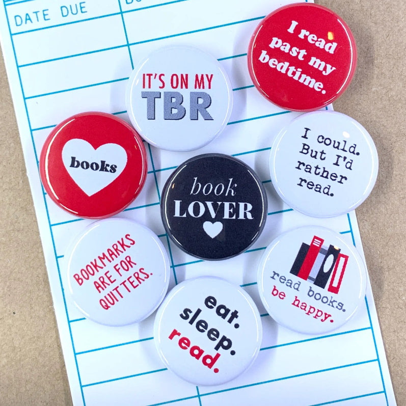 Book Lover Button Pin Badges - Set of 8