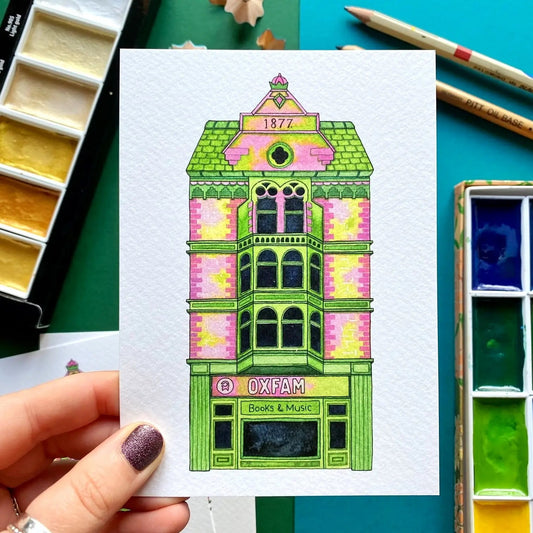 Oxfam Bookshop Watercolour Postcard