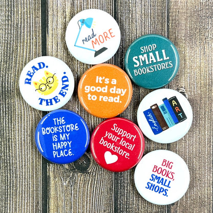 Bookstore Button Pin Badges - Set of 8