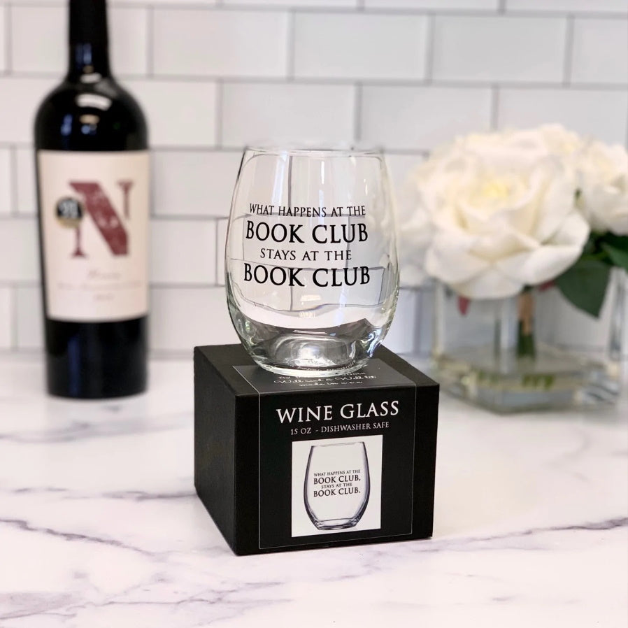 What Happens at Book Club Stemless Wine Glass