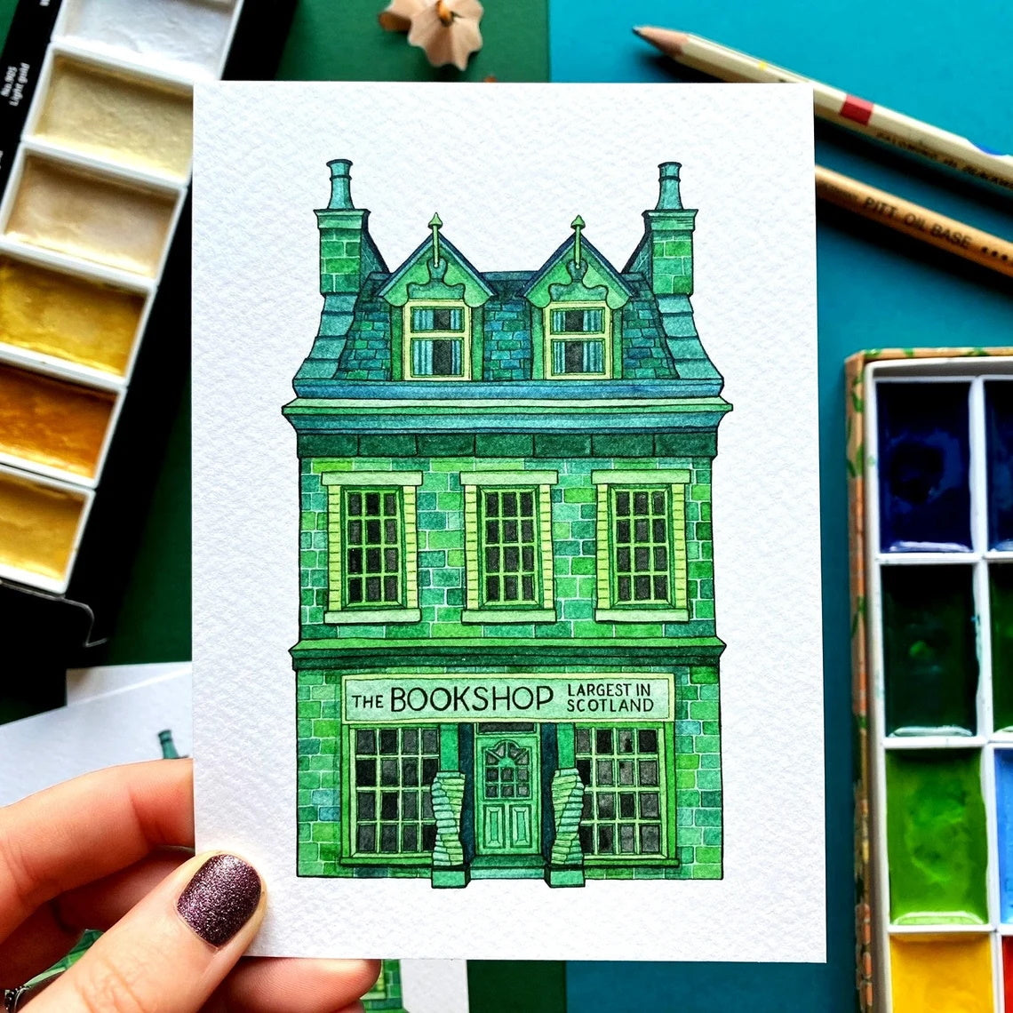 Wigtown Bookshop Watercolour Postcard
