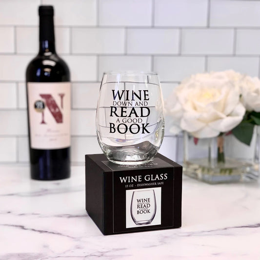 Wine Down and Read a Good Book Stemless Wine Glass